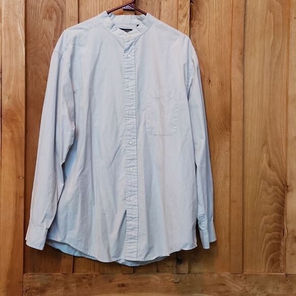 Roundtree & Yorke Button Down Collarless 100% Cotton Shirt Tan & White Stripes - Picture 1 of 6